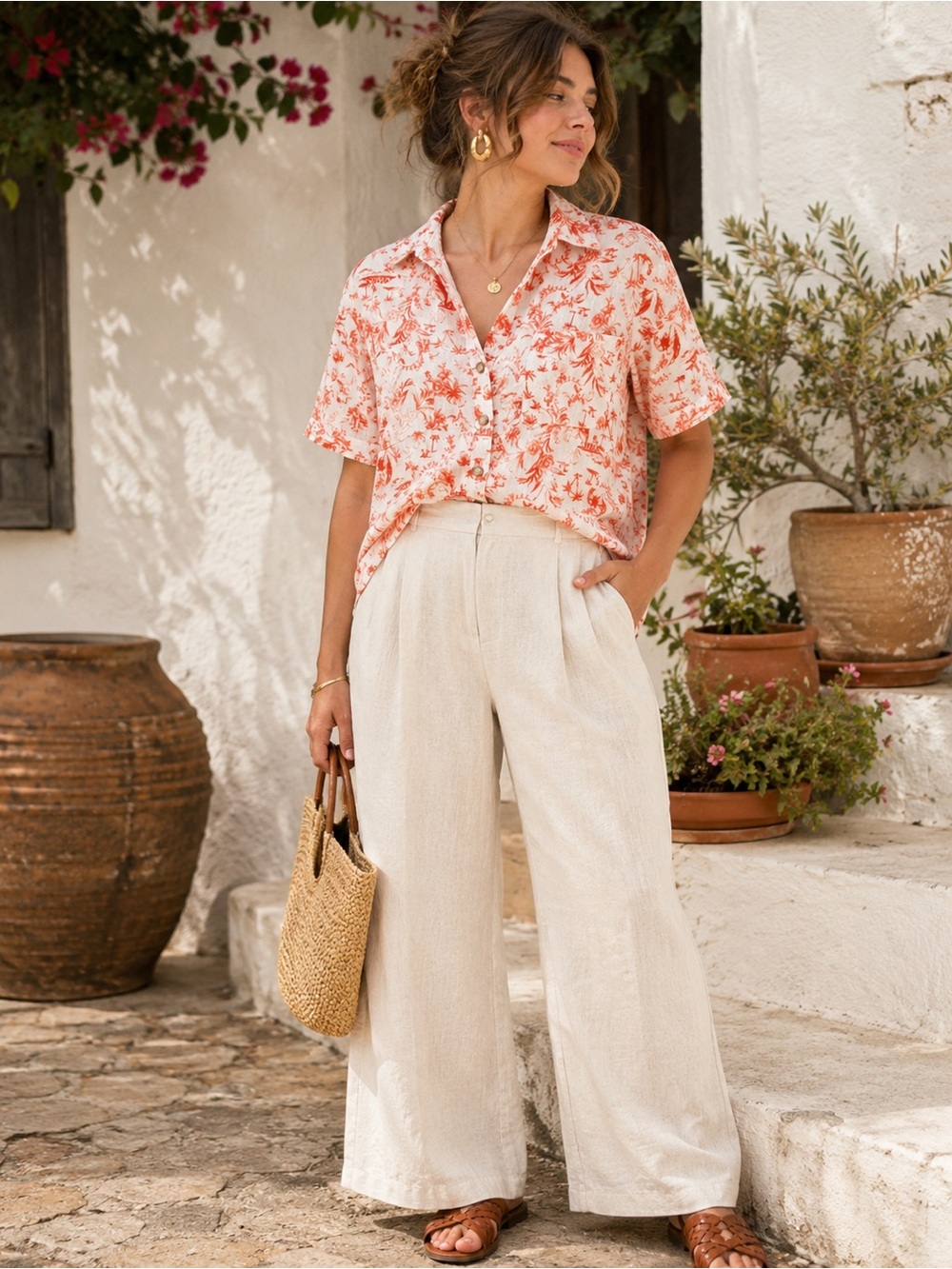 mySTYLE XL 100% Cotton Tropical Toile Shirt Orange White Textured Button Up